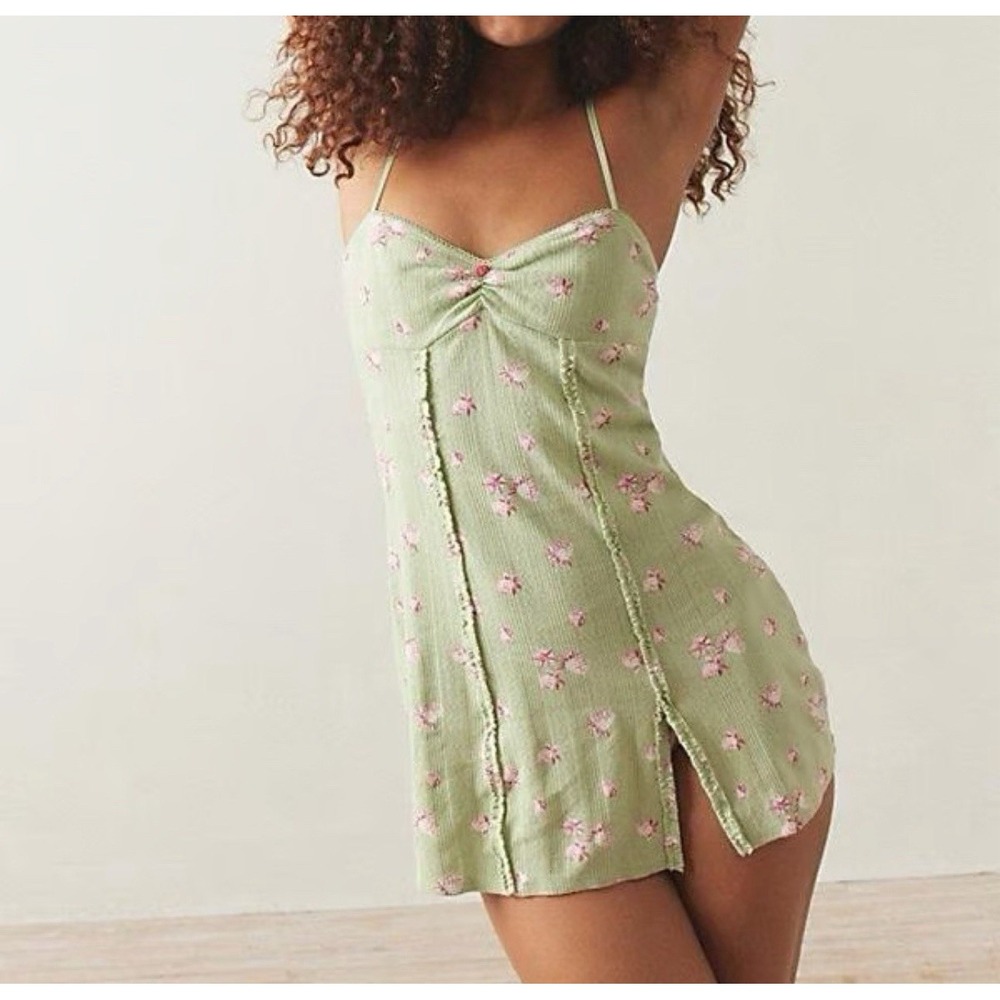 UP Out From Under Margot Pointelle Knit Slip Night Gown Green Pink Floral Sz M-L
